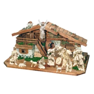 Presepe da 14 figurine con capanna in legno di acero fatta a mano, naturale, 8cm