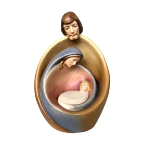 Sacra Famiglia con viso presepe moderno in legno, colorato a olio, 12cm