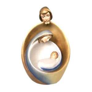 Sacra Famiglia con viso presepe moderno in legno, drappo bianco, 12cm