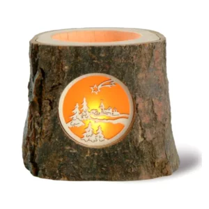 Portacandela tronco con Natività in legno, 12cm