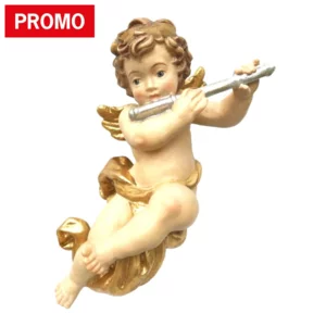 Delicato angelo putto musicista con flauto, colorato a olio, 10cm