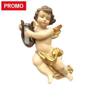 Ange en bois en vol avec lyre, coloré à l'huile, 10cm