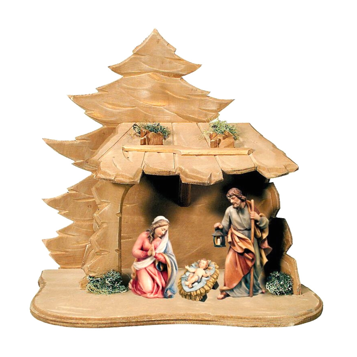 Heilige Familie mit Hütte, ölkoloriert, 13cm