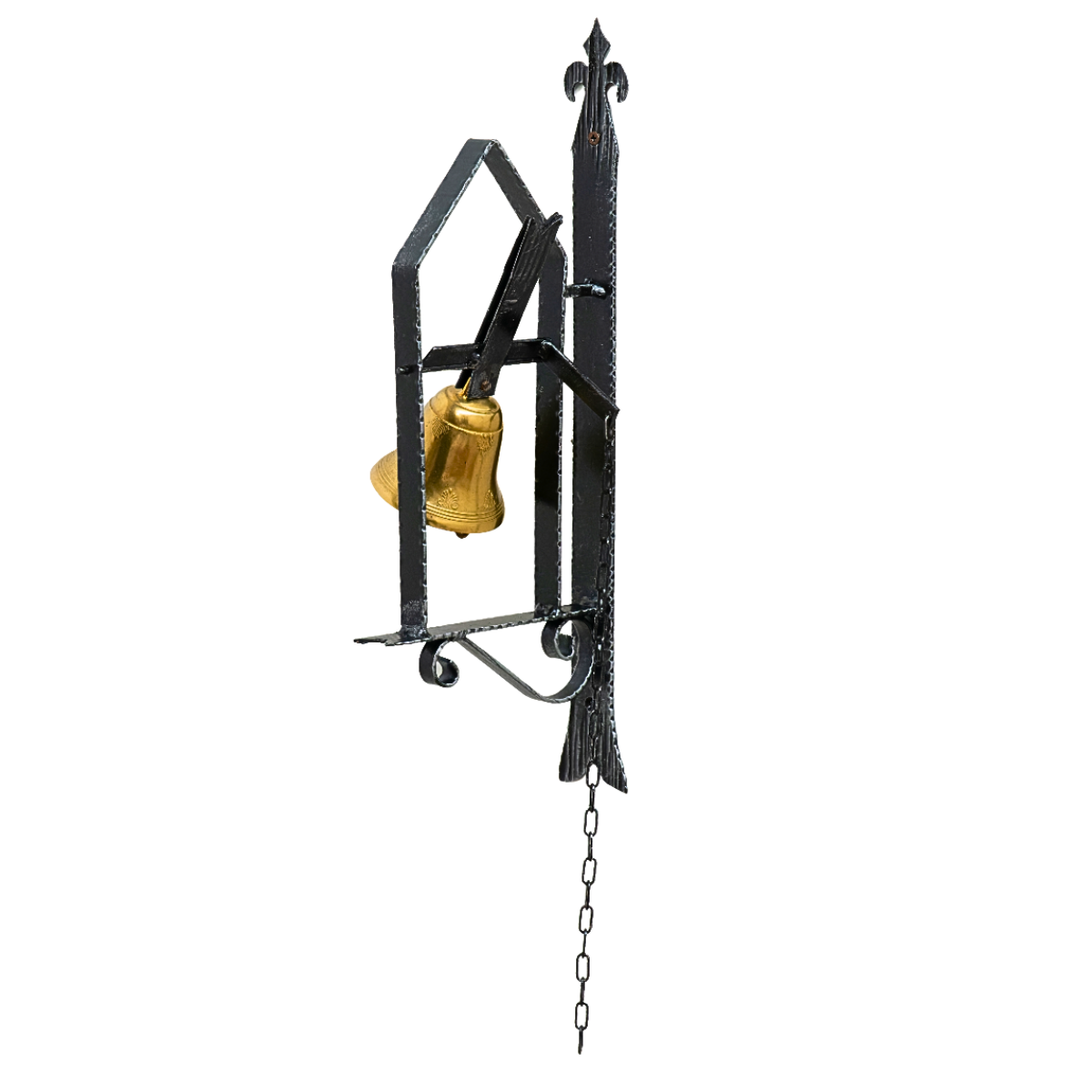 Campana francescana in ottone con supporto in ferro battuto forgiato, h55cm