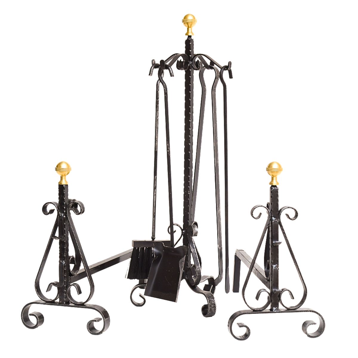 Completo per camino in ferro battuto con pomo in ottone, 2 alari e accessori, h70cm