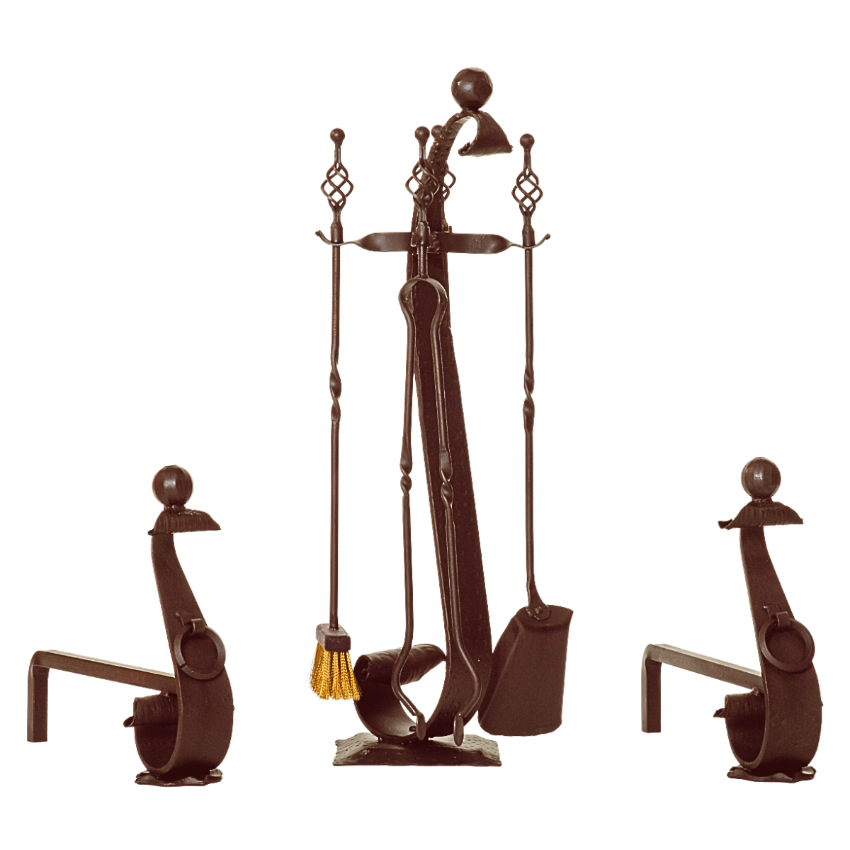 Super Kaminbesteck aus Schmiedeeisen mit 4 Zubehörteilen und Antik-Finish, H 84cm