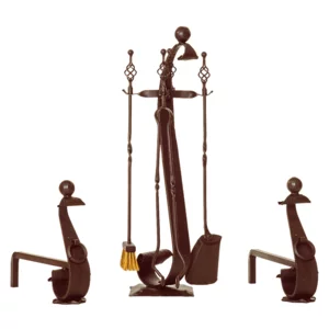 Super Kaminbesteck aus Schmiedeeisen mit 4 Zubehörteilen und Antik-Finish, H 84cm
