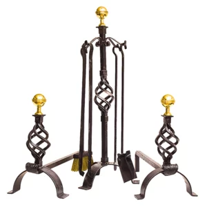 Schmiedeeisernes Kaminbesteck mit Ring und 3 Zubehörteilen, H 75cm