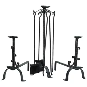 Schmiedeeisernes Kaminbesteck mit Kaminböcken und 4 Zubehörteilen, H 75cm