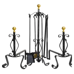 Set attrezzi da camino in ferro battuto artigianale 4 accessori, h75cm