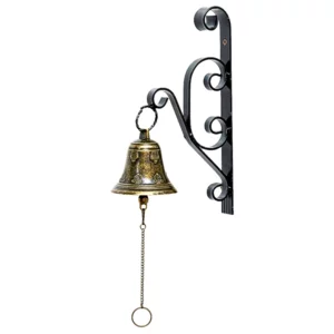 Campana in ottone con supporto in ferro battuto nero e argento, h30cm