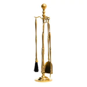 Servizio da camino in ottone lucido artigianale, 3 accessori, h59cm
