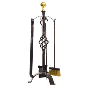Servizio da camino grande con conoschia forgiata e pomo in ottone, 4 accessori, h80cm