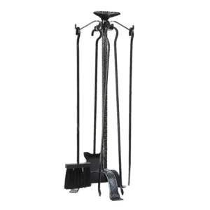 Servizio da camino Carlo Super forgiato con scopina in ottone, 4 accessori, h74cm