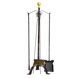 Servizio da camino Carlo forgiato in ferro battuto con pomo e 4 accessori, h74cm