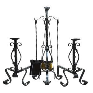 Set camino super forgiato in ferro battuto con alari e 4 accessori, h56cm