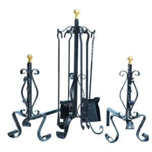 Set camino in ferro battuto forgiato con pomo e 4 accessori, h60cm
