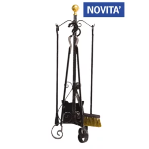 Servizio da camino super pesante in ferro battuto con pomo in ottone, h88cm