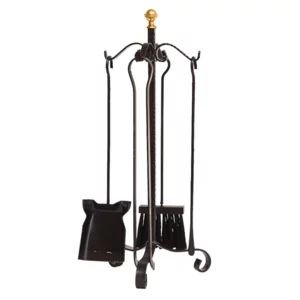 Servizio da camino piccolo in ferro battuto con pomo e scopina, h52cm