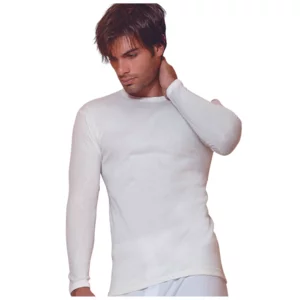 Herren-Unterhemd mit Rundhalsausschnitt, Wolle und Baumwolle, Langarm, weiß, Pack. ab 3St