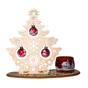 Weihnachtsbaum aus Holz mit Kugeln und handbemaltem Kerzenständer aus mundgeblasenem Glas, 24cm