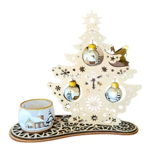 Albero di Natale in legno con palline e portalumino in vetro soffiato dipinto a mano, 24cm