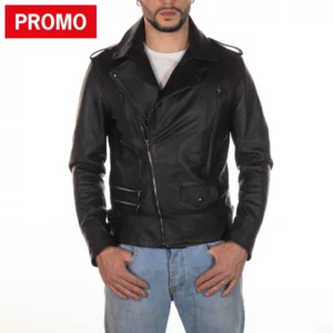 Blouson cuir homme avec poches croisées, style blouson de motard