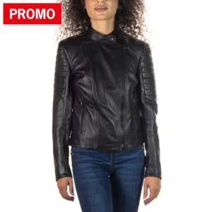Biker femme en véritable cuir nappa italien, col mao