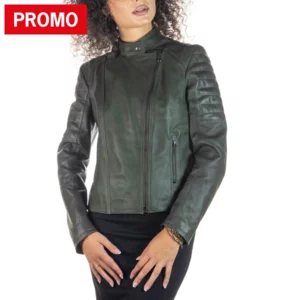 Biker femme en véritable cuir nappa italien, col mao, couleur verte