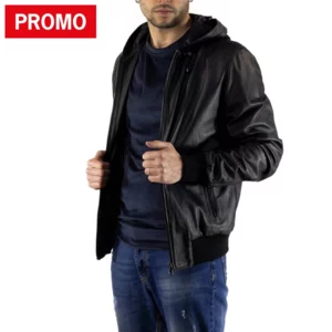 Blouson aviateur en cuir noir avec capuche