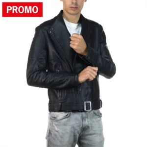 Blouson biker homme en cuir d'agneau noir, Lin
