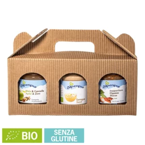 Alpenpur Bio gemischtes Trio: klassische Gemüsebrühe, 220g, Apfel-Zimt-Kompott, 220g, klassischer Senf, 145g