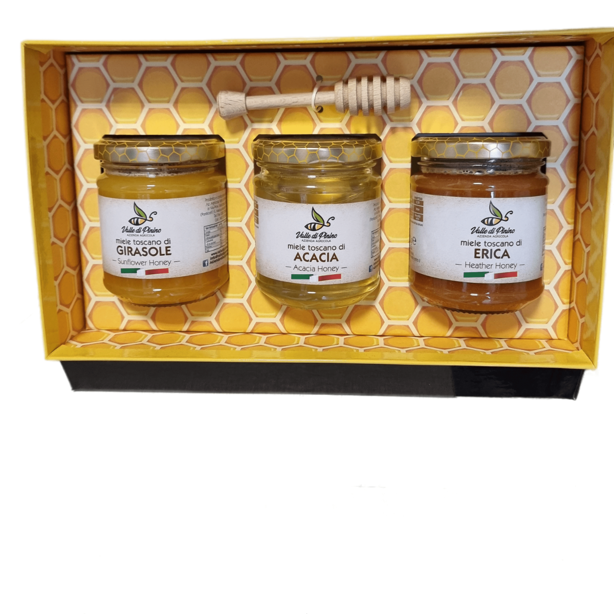 Confezione 3 vasetti da 250g miele toscano con giramiele in legno