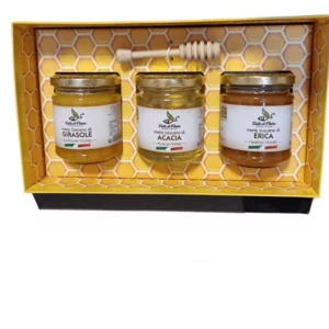 Pack de 3 pots de 250g de miel toscan avec nid d'abeille en bois, 3x250g