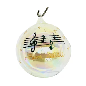 Pallina di Natale in vetro soffiato bianca con pentagramma musicale e personalizzabile, Ø 10cm 