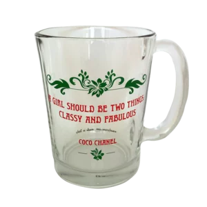 Tazza/mug in vetro, "Coco Chanel", h10cm