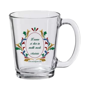 Tazza Mug in vetro decorata con frase di Aristotele