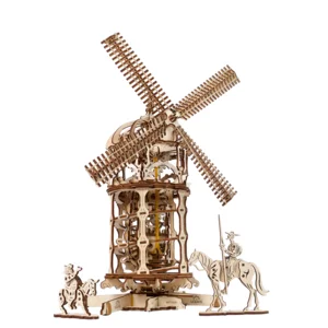 Mechanisches Modell aus Holz: Mühle mit Don Quijote und Sancho Panza, Ugears