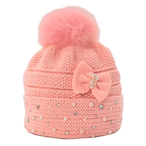 Wollmütze mit Strasssteinen und Perlen, naturbelassener Fuchspon pon