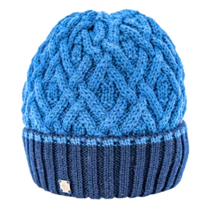 Cappello lana bicolore, risvolto a coste e testa a trecce 