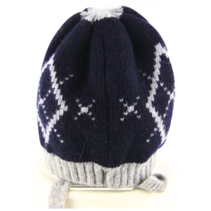 Berretto in lana blu e grigio con motivo a rombi e laccetti – modello Joli-Bebe