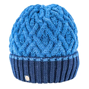 Cappello lana bicolore, risvolto a coste e testa a trecce 
