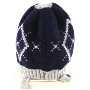 Berretto in lana blu e grigio con motivo a rombi e laccetti – modello Joli-Bebe