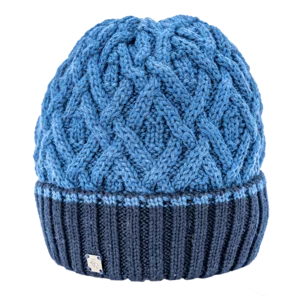 Cappello lana bicolore, risvolto a coste e testa a trecce 