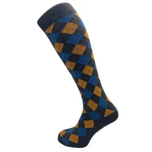 Calze lunghe blu uomo fantasia rombi blu, grigio e gialli, taglia unica