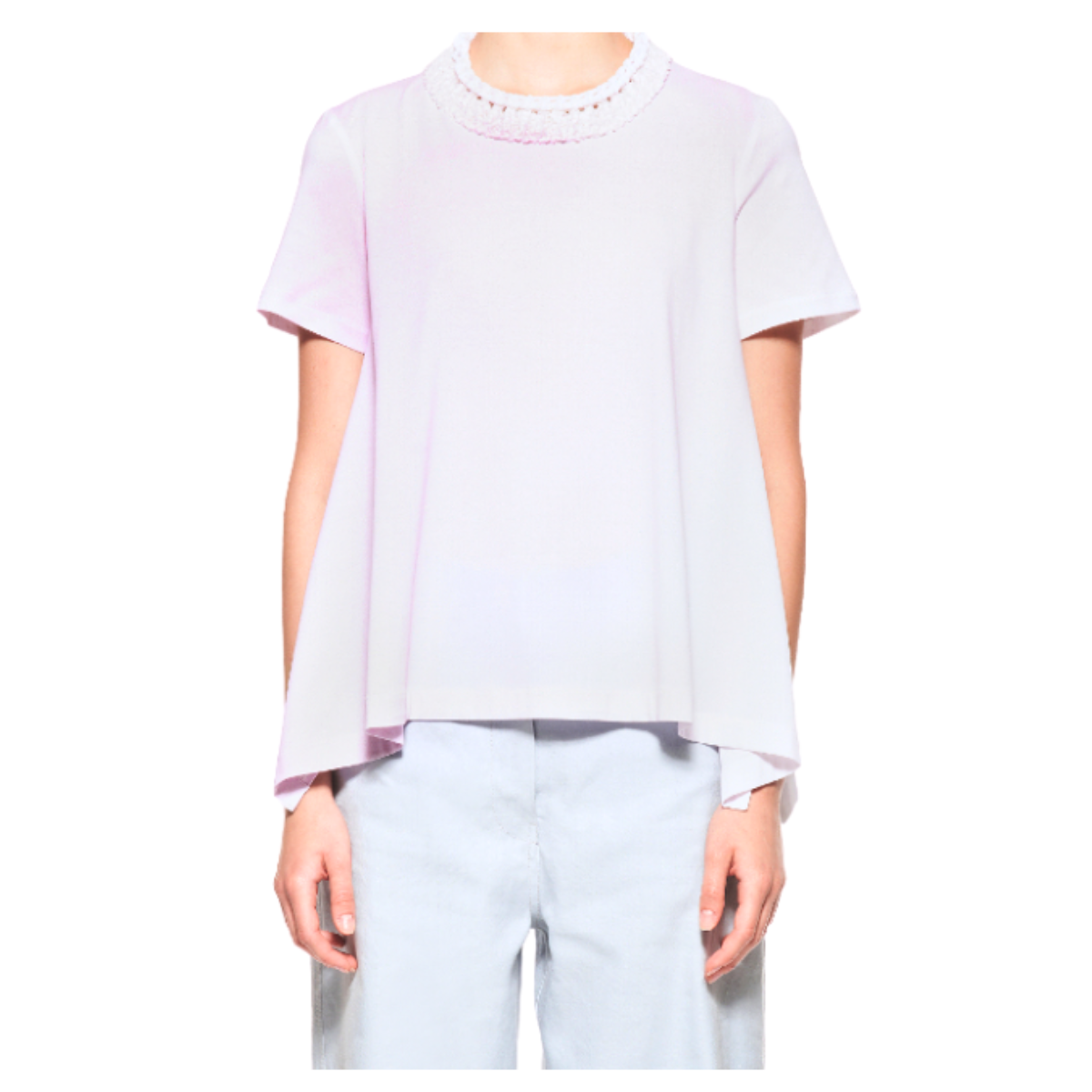T-shirt in cotone con dettagli crochet e decorazione a mano