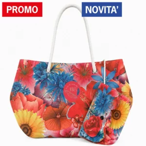 Borsa mare con pochette, Beach Bag Medium Flower, in microfibra antisabbia, 39x30cm