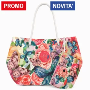 Borsa mare con pochette, Beach Bag Medium Mariposa, in microfibra antisabbia, 39x30cm