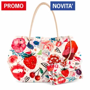 Borsa mare  con pochette, Beach Bag Medium Summer, in microfibra antisabbia, 39x30cm