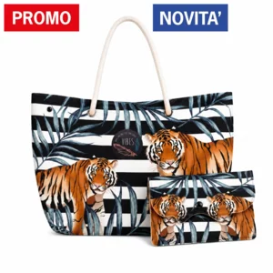 Borsa mare  con pochette, Beach Bag Medium Tiger in microfibra antisabbia, 39x30cm